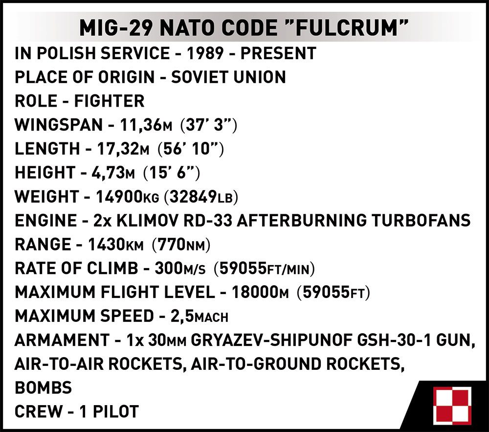 COBI Polish Mig 29 Fulcrum specs